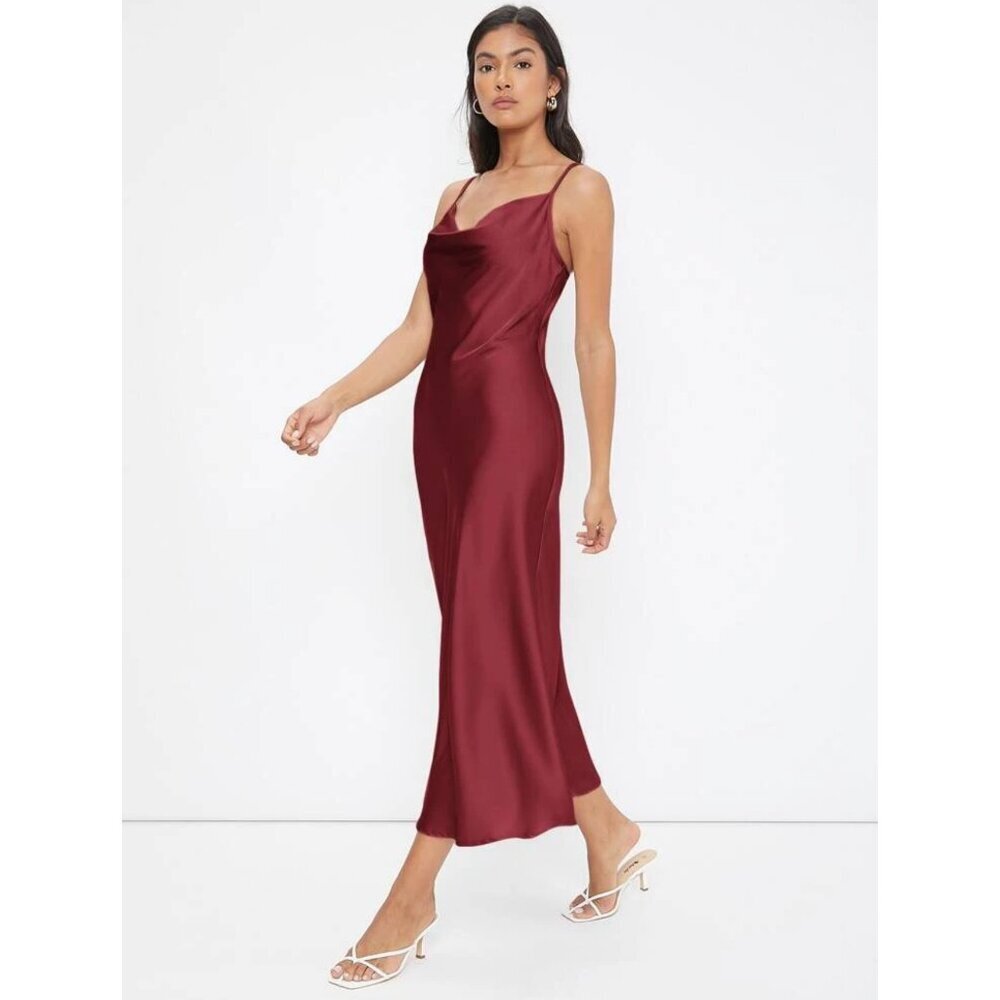 maroon dark red satin midi dress cowl neck